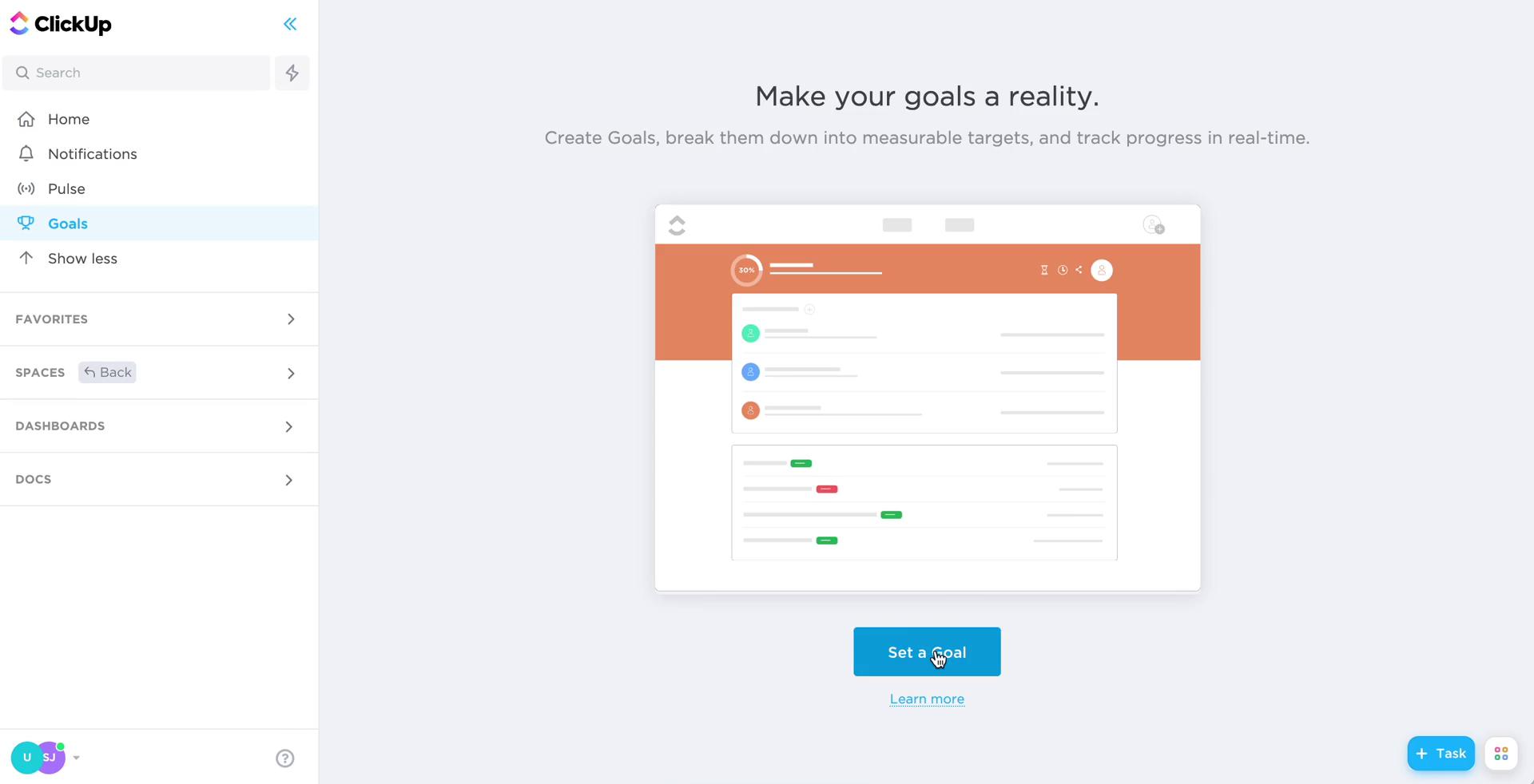 Screenshot of Setting goals on ClickUp