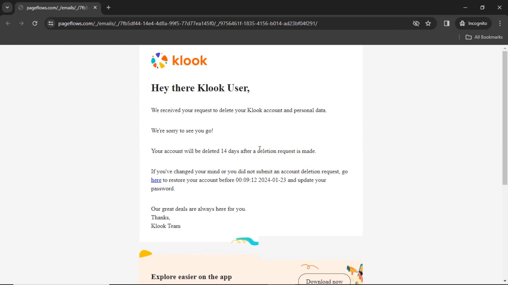 Screenshot of Restoring your account on Klook