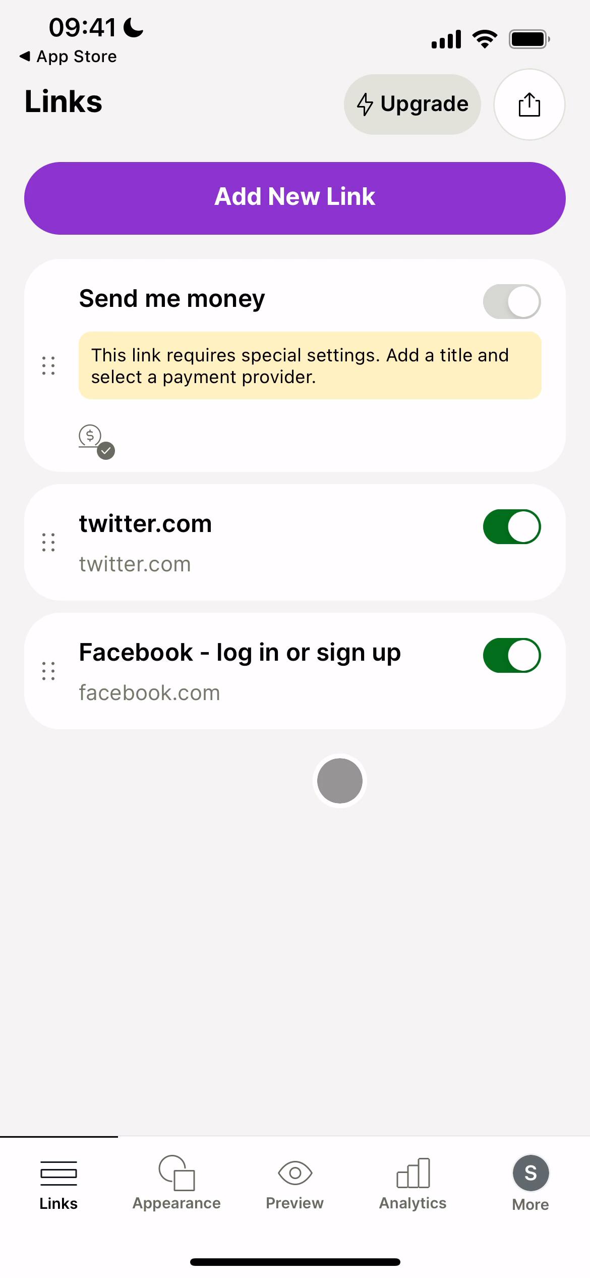 Screenshot of Upgrading your account on Linktree