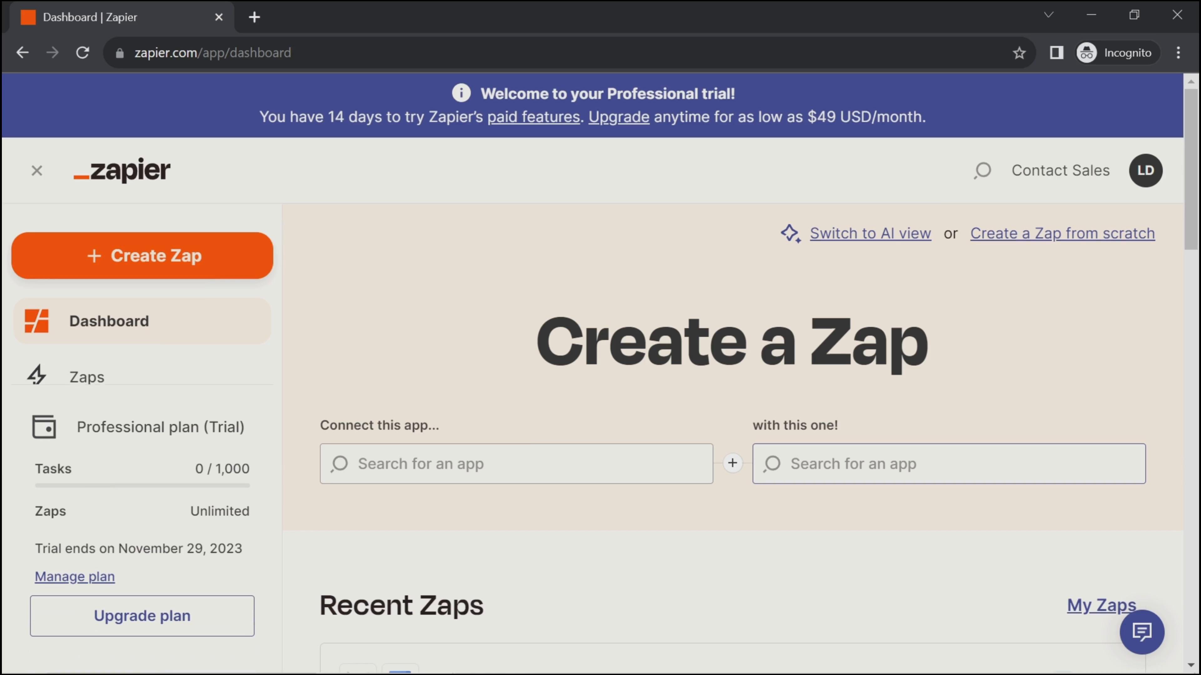 Screenshot of Creating an automation workflow on Zapier