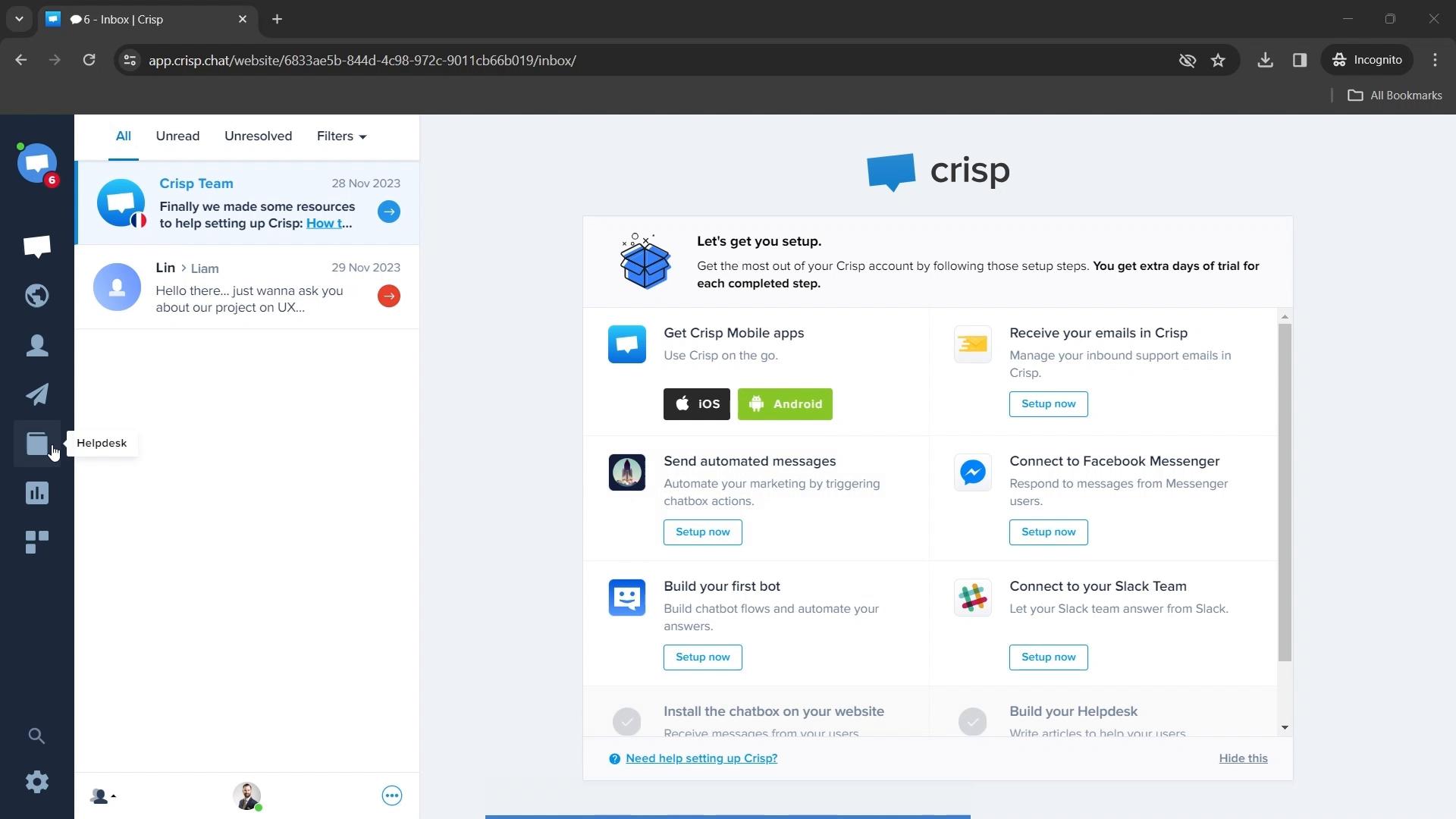 Screenshot of Exporting helpdesk articles on Crisp