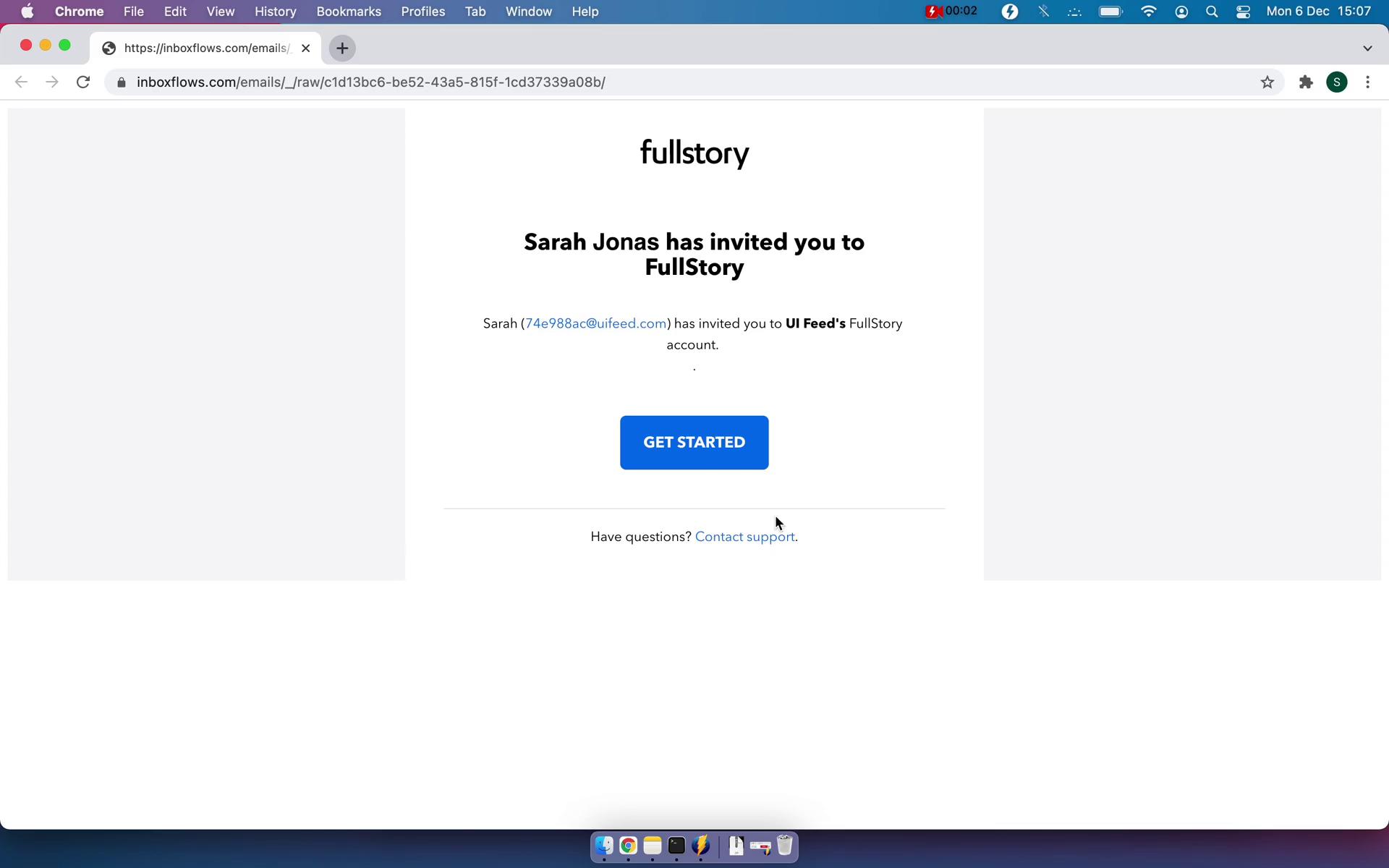 Screenshot of Accepting an invite on Fullstory