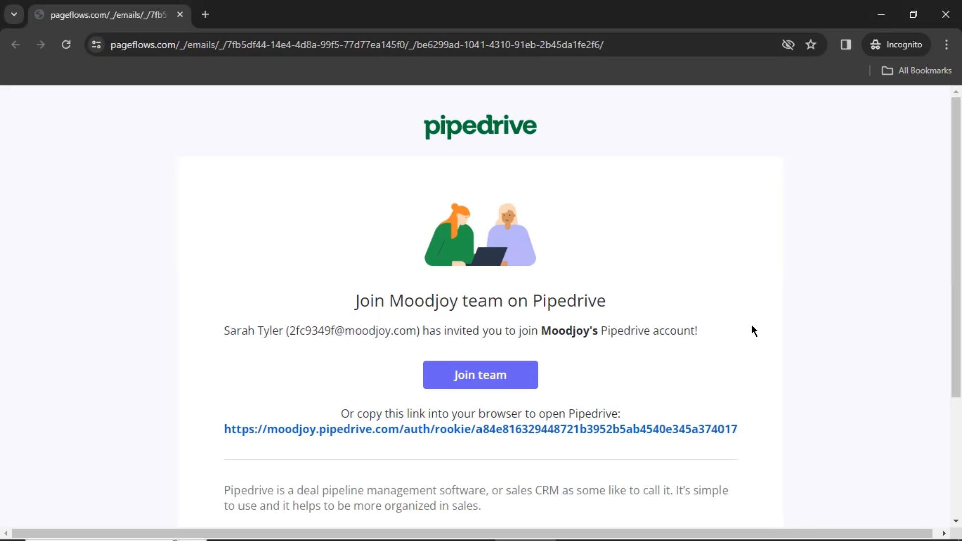 Screenshot of Accepting an invite on Pipedrive