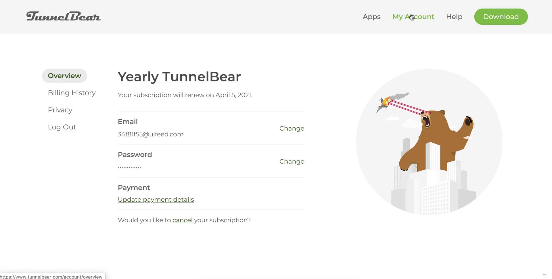 Screenshot of Cancelling your subscription on TunnelBear