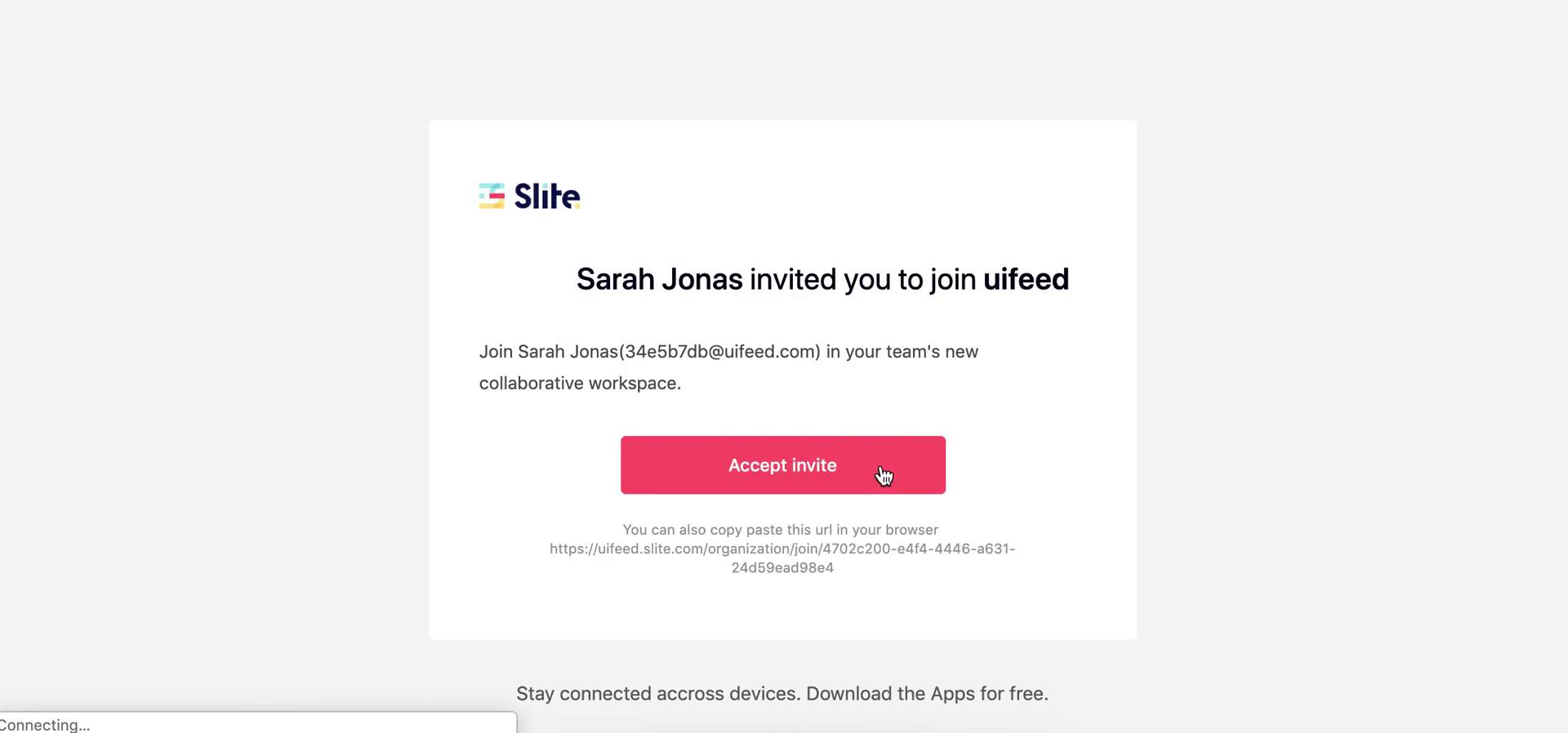 Screenshot of Accepting an invite on Slite