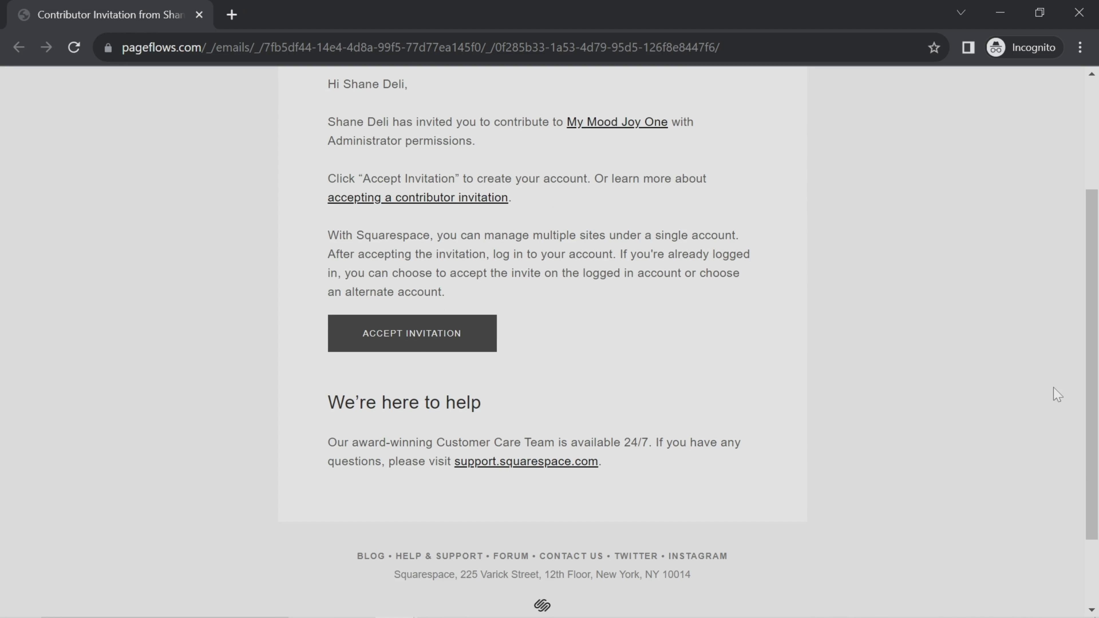 Screenshot of Accepting an invite on Squarespace