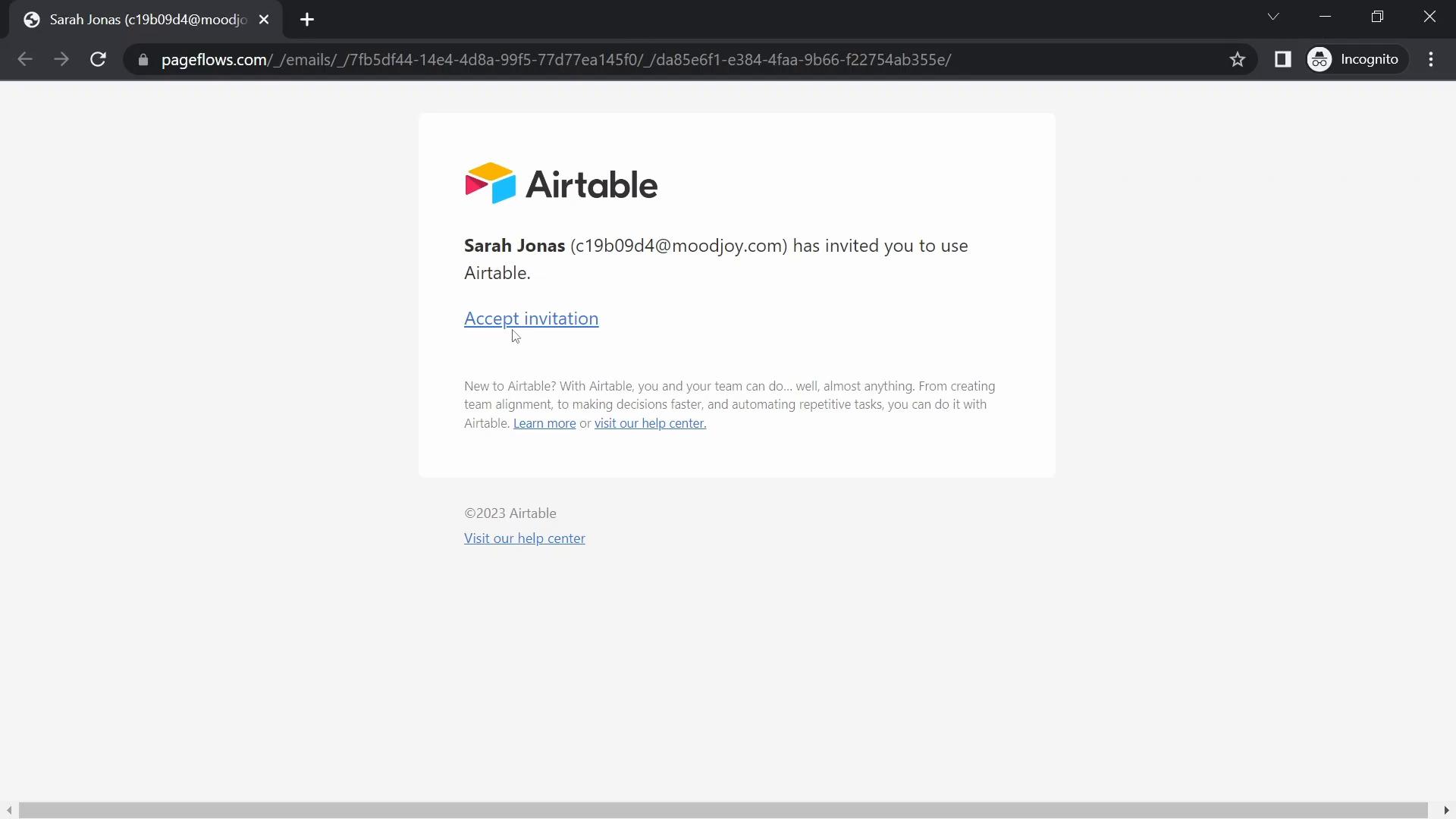 Screenshot of Accepting an invite on Airtable