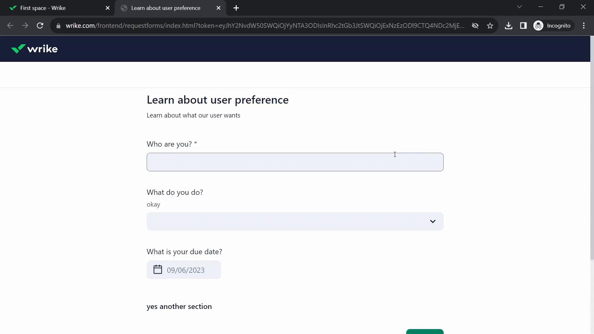 Screenshot of Filling in a form on Wrike