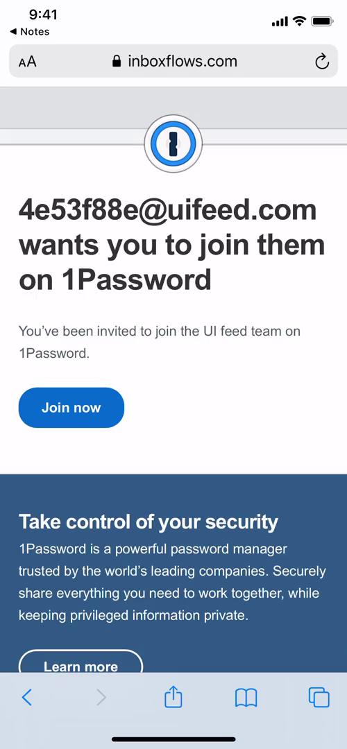 Screenshot of Accepting an invite on 1Password