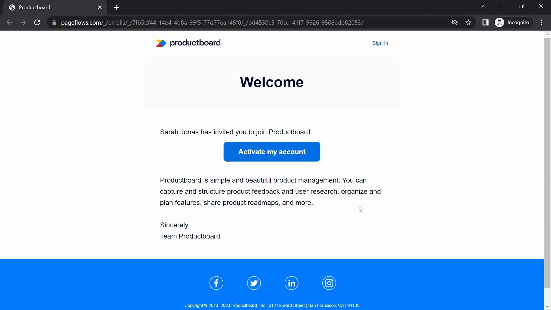 Screenshot of Accepting an invite on Productboard