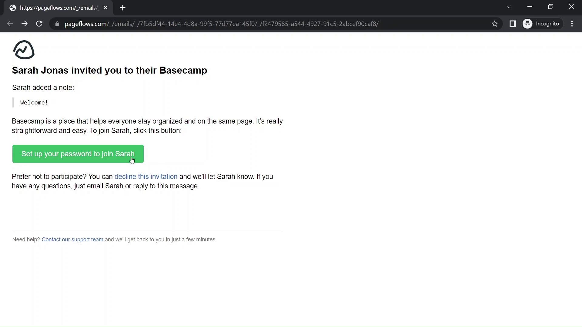 Screenshot of Accepting an invite on Basecamp