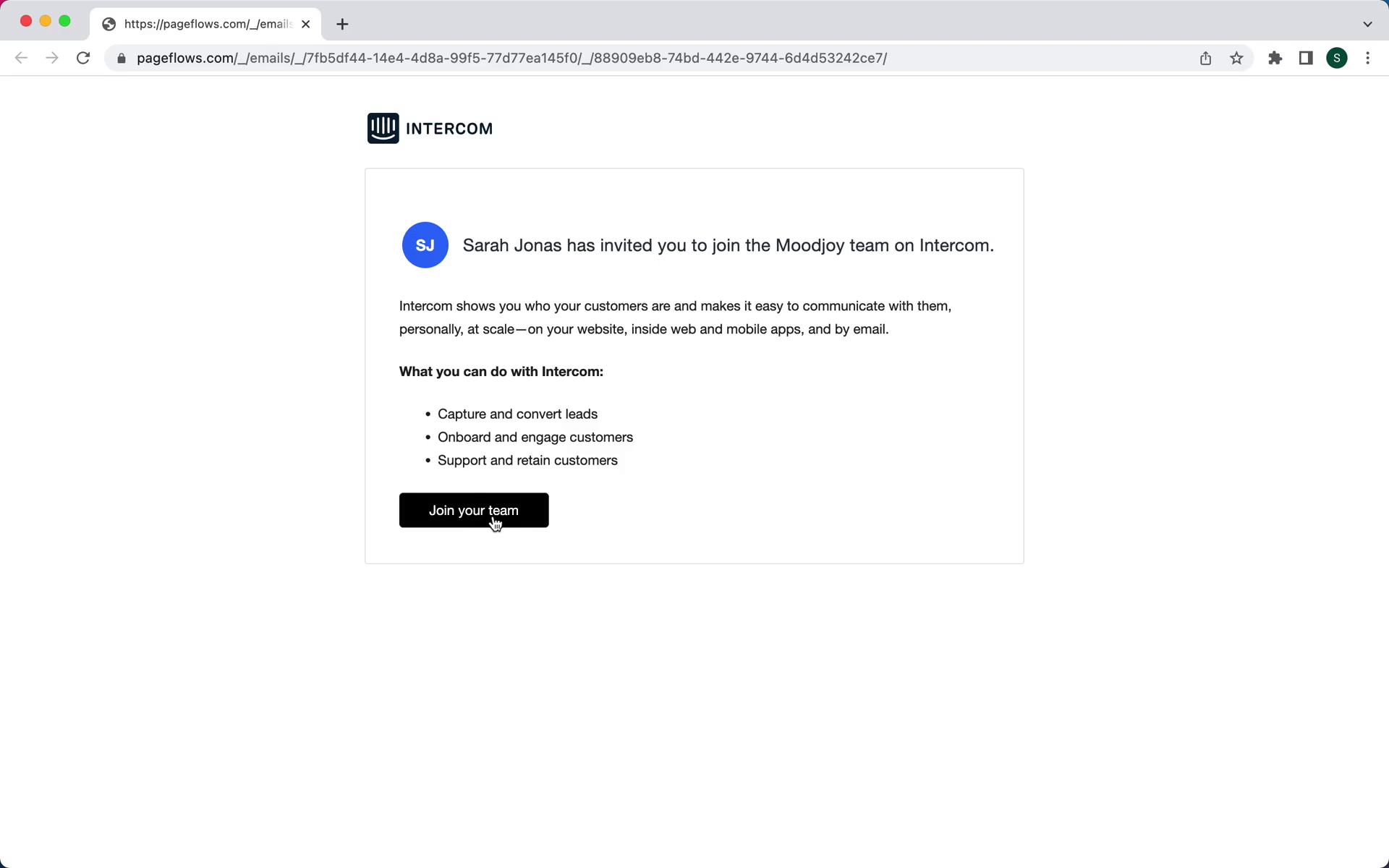 Screenshot of Accepting an invite on Intercom