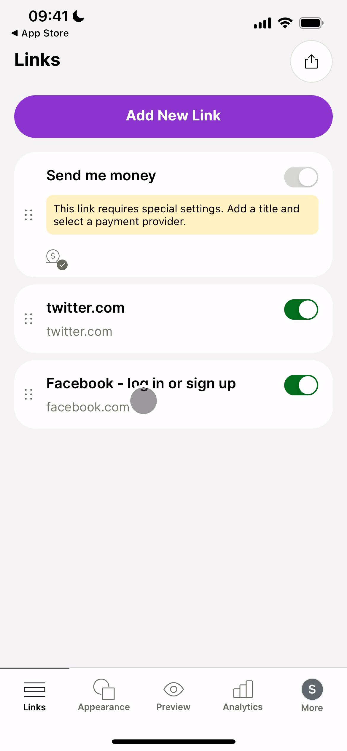 Screenshot of Customization settings on Linktree