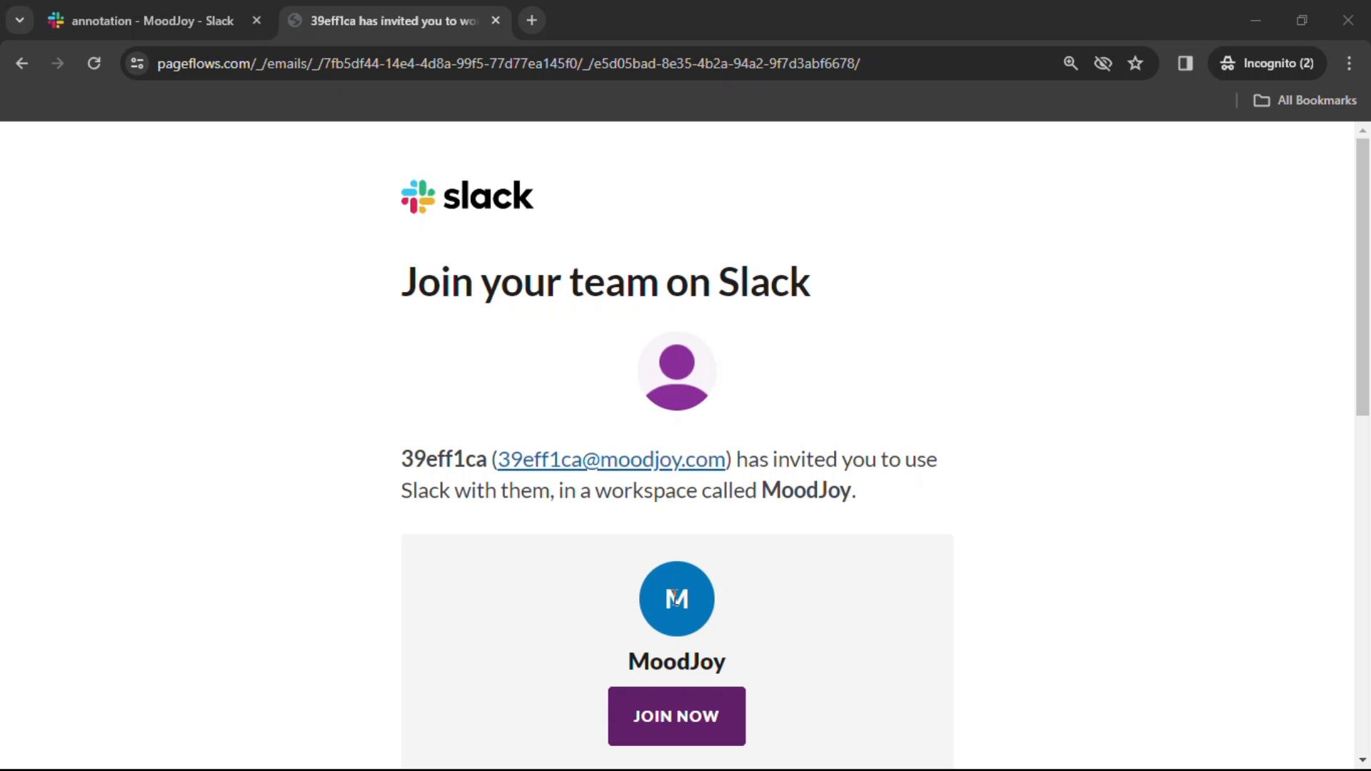 Screenshot of Accepting an invite on Slack