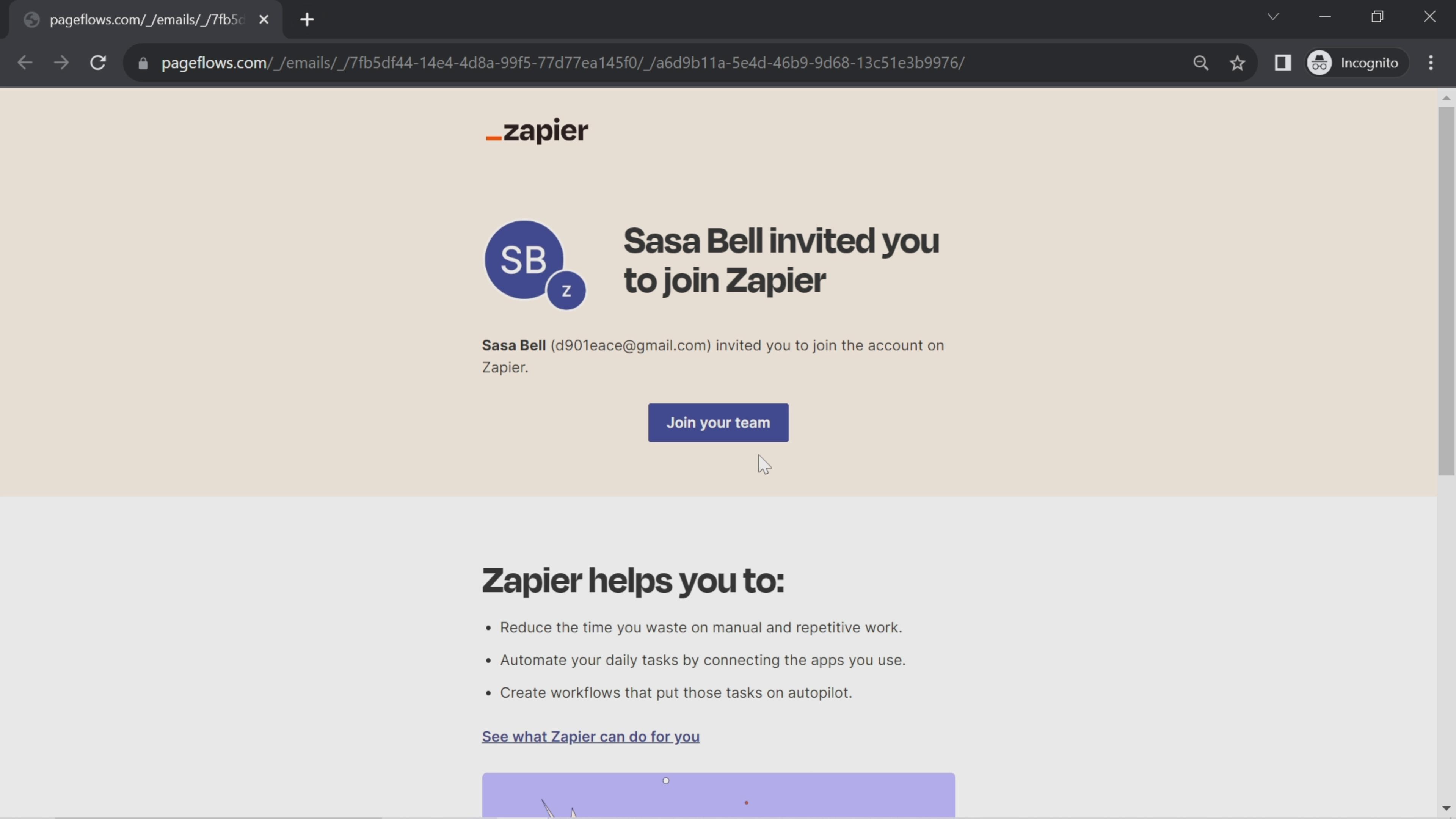 Screenshot of Accepting an invite on Zapier