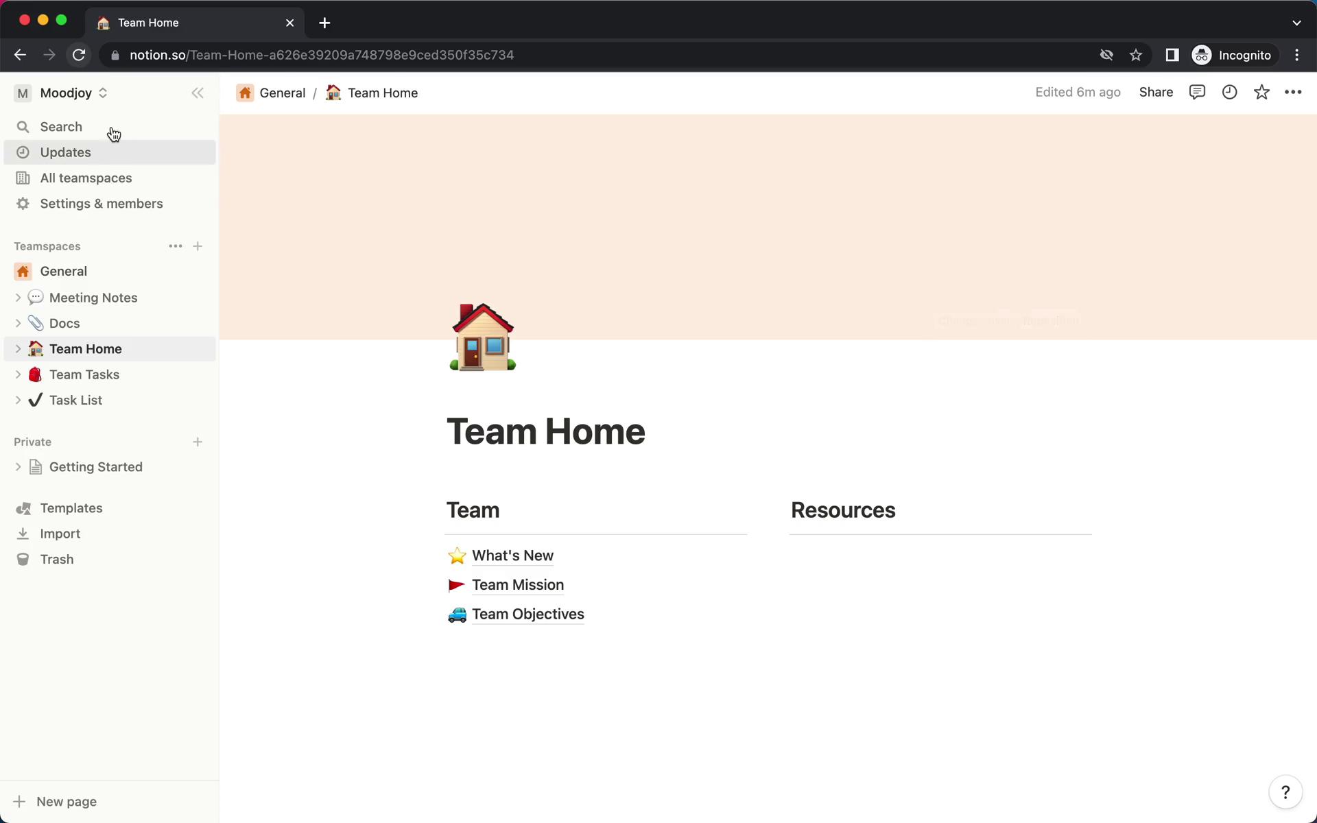 Screenshot of Creating a workspace on Notion