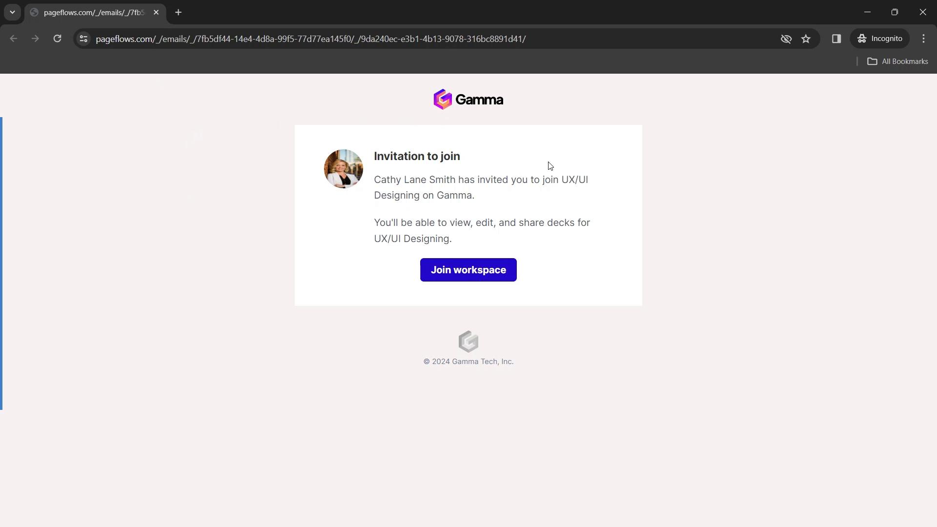 Screenshot of Accepting an invite on Gamma