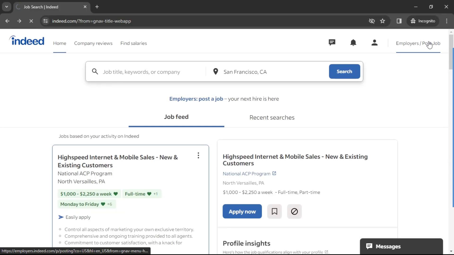Screenshot of Creating a job post on Indeed