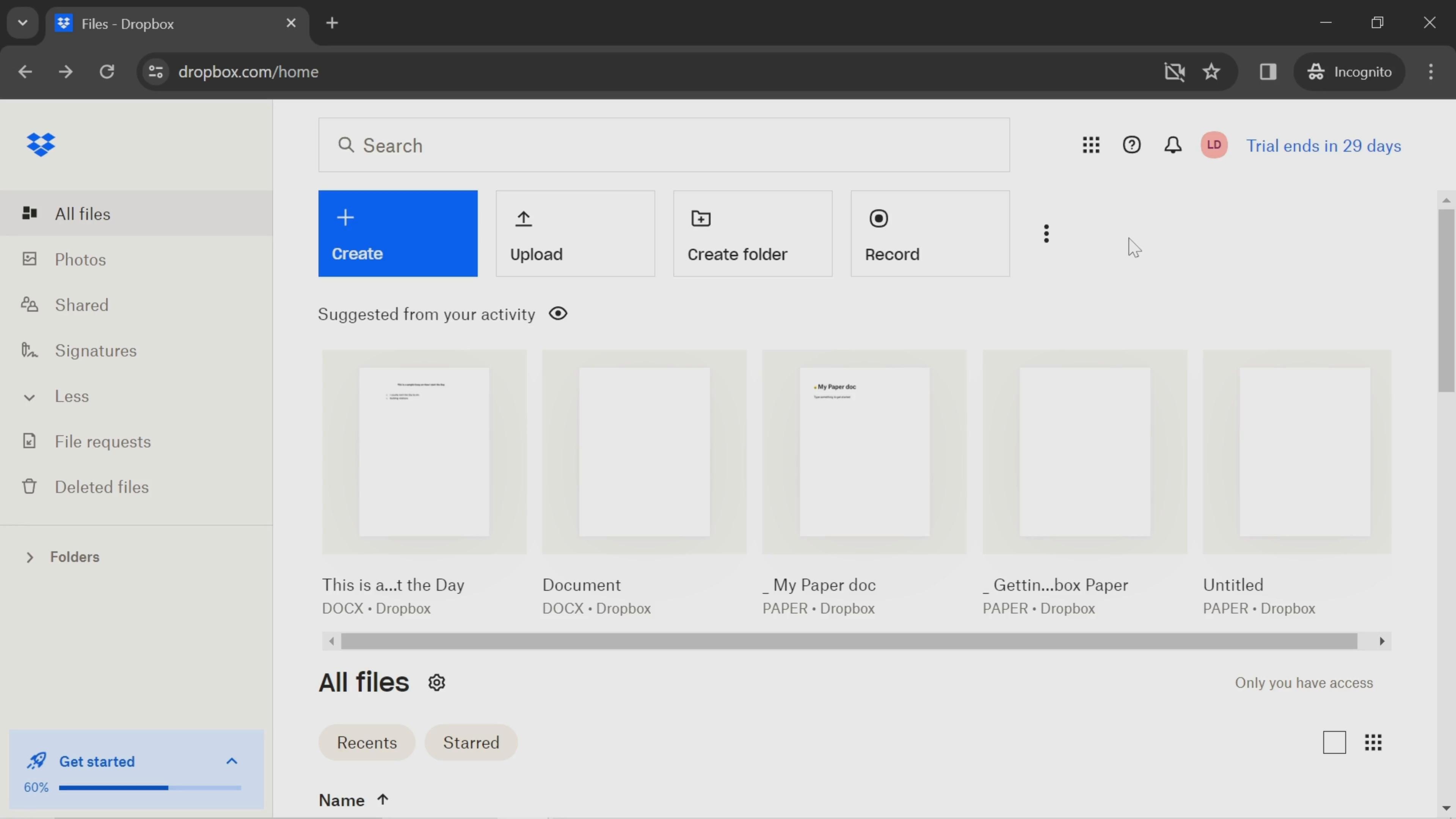 Screenshot of Creating a paper document on Dropbox