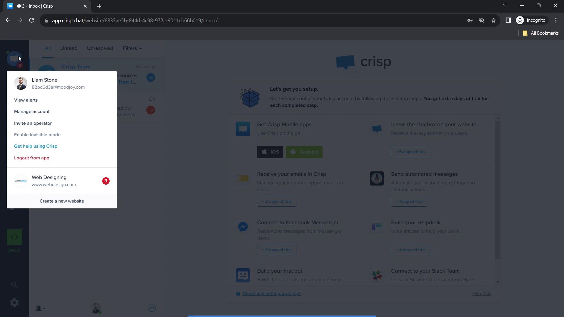 Screenshot of Inviting people on Crisp
