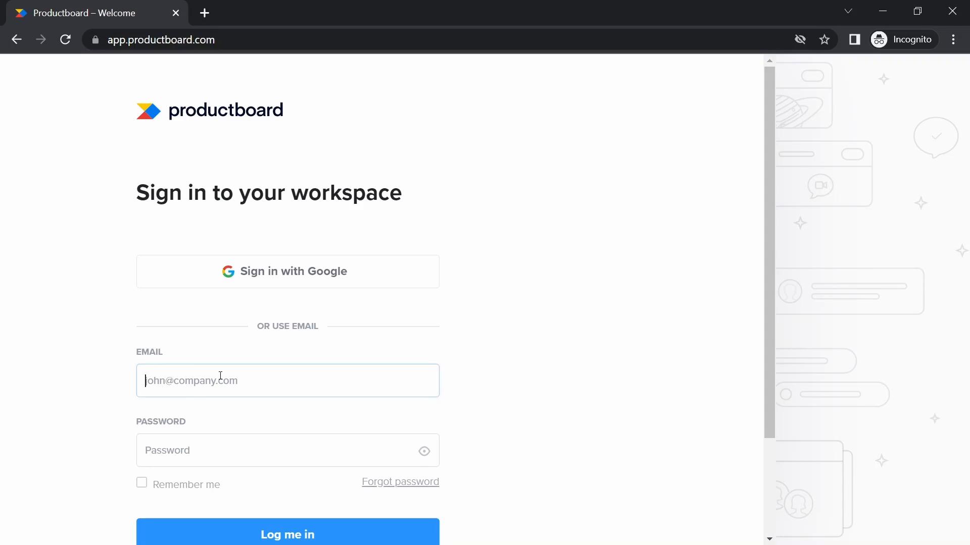 Screenshot of Creating a workspace on Productboard
