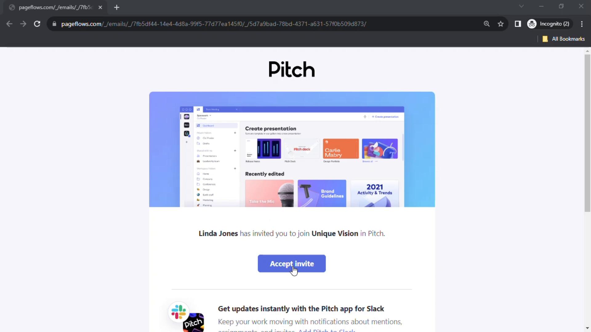 Screenshot of Accepting an invite on Pitch