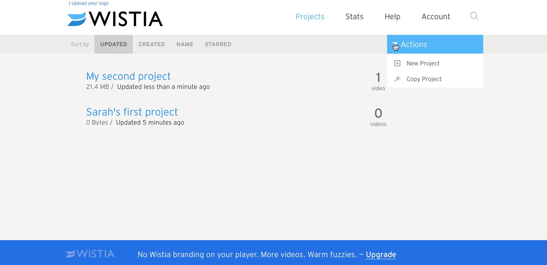 Creating a project on Wistia video screenshot