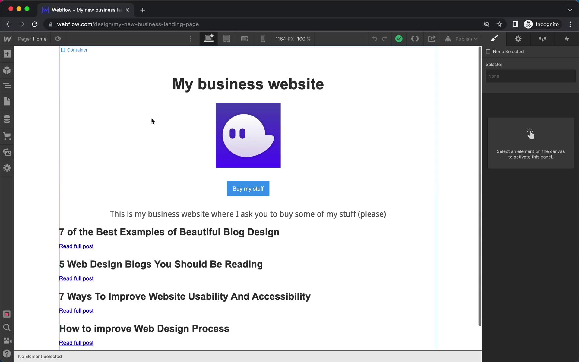 Screenshot of Creating a post on Webflow