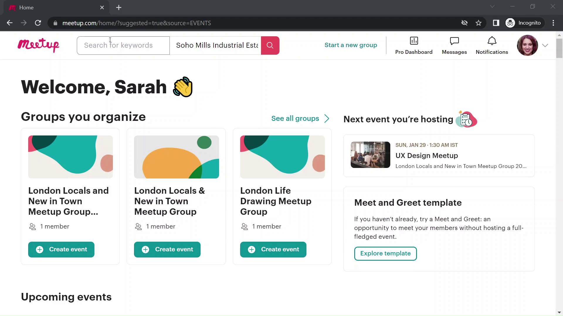Screenshot of Searching on Meetup