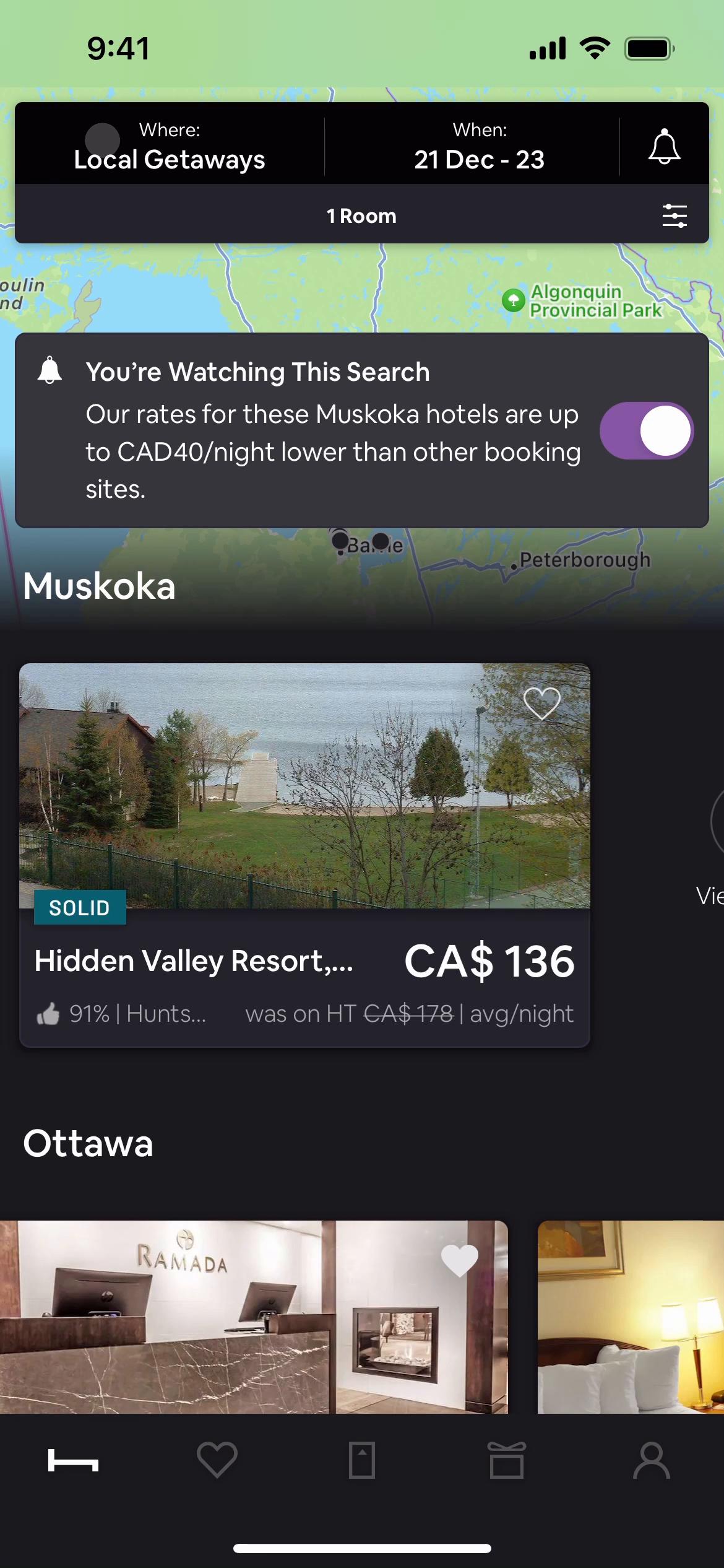 Screenshot of Booking a room on HotelTonight