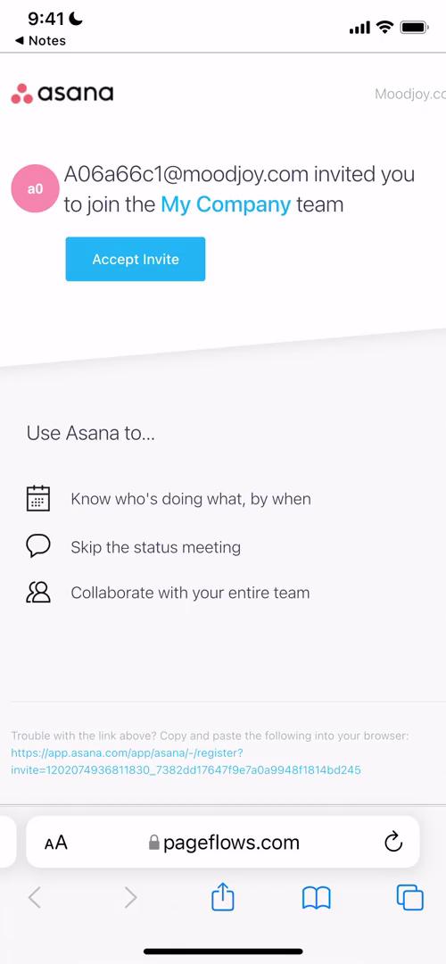 Screenshot of Accepting an invite on Asana