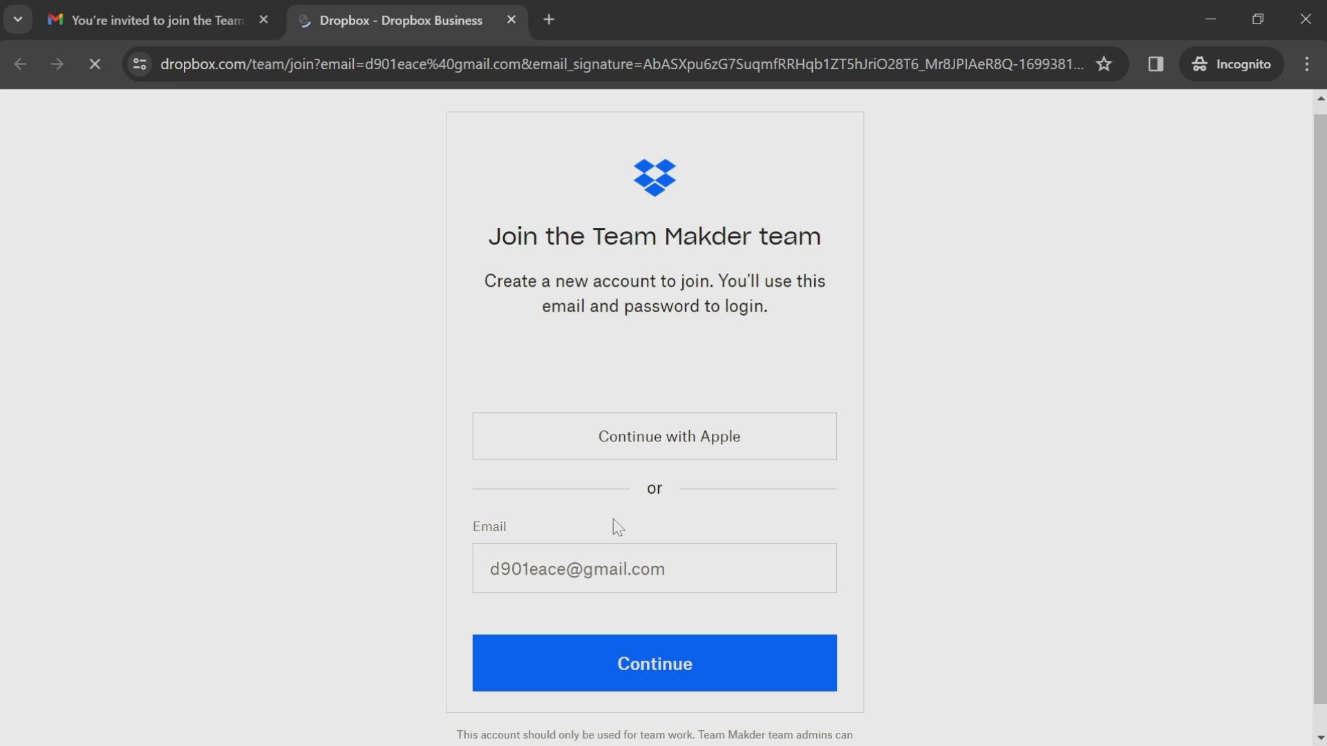 Screenshot of Accepting an invite on Dropbox