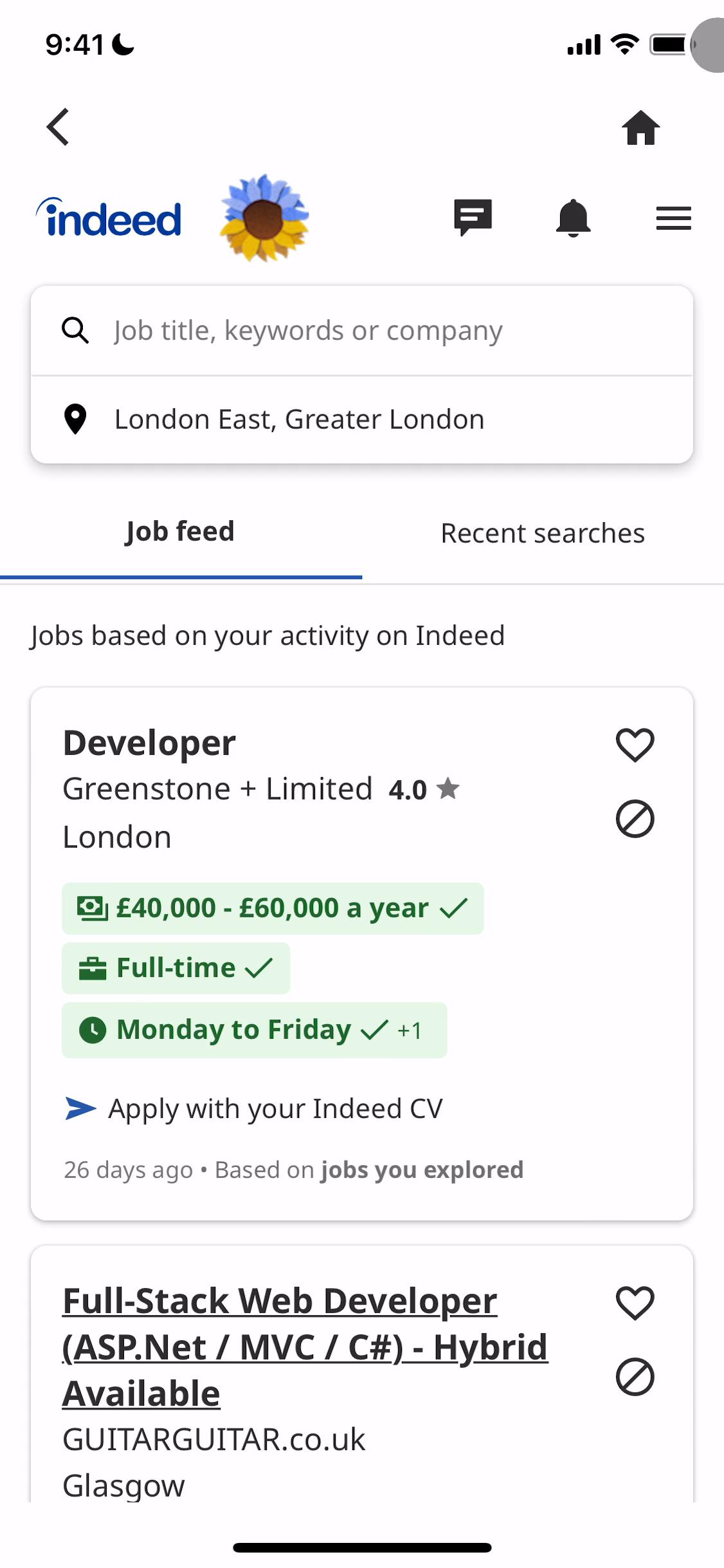 Screenshot of Applying as a candidate on Indeed
