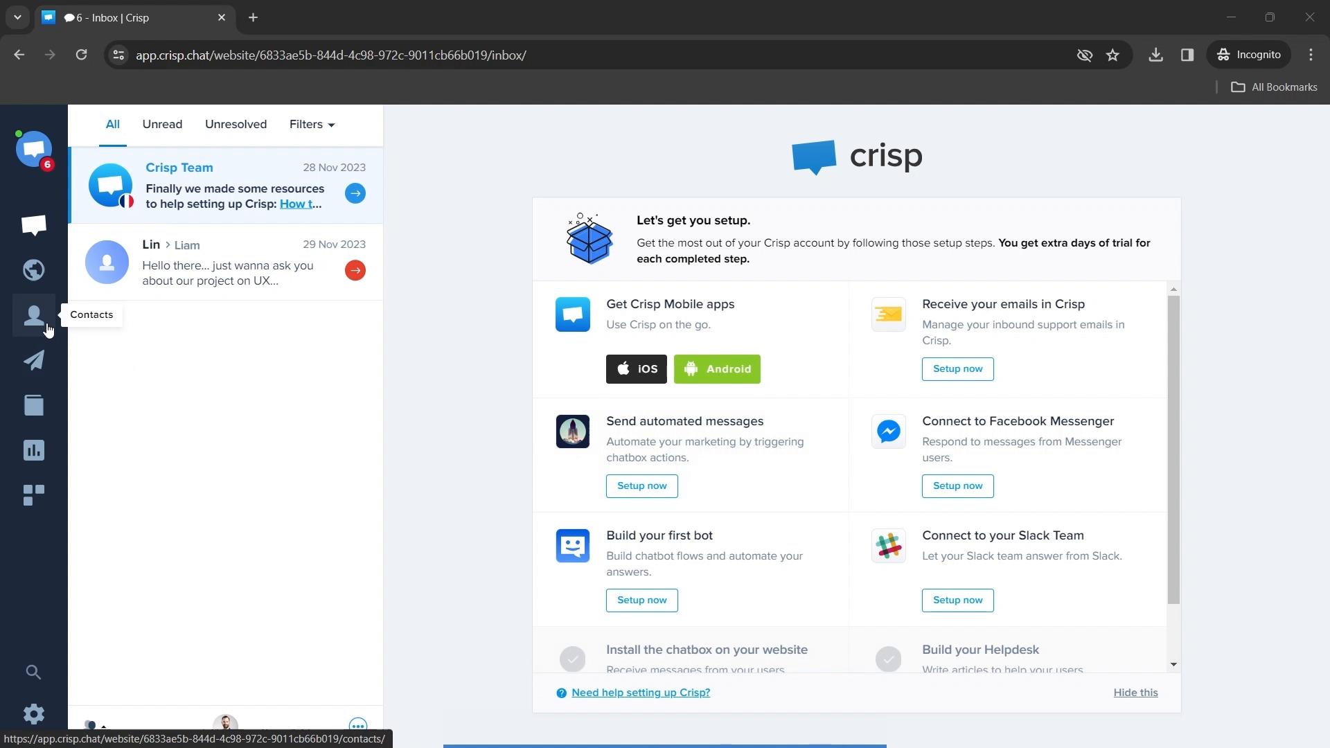 Screenshot of Exporting contacts on Crisp