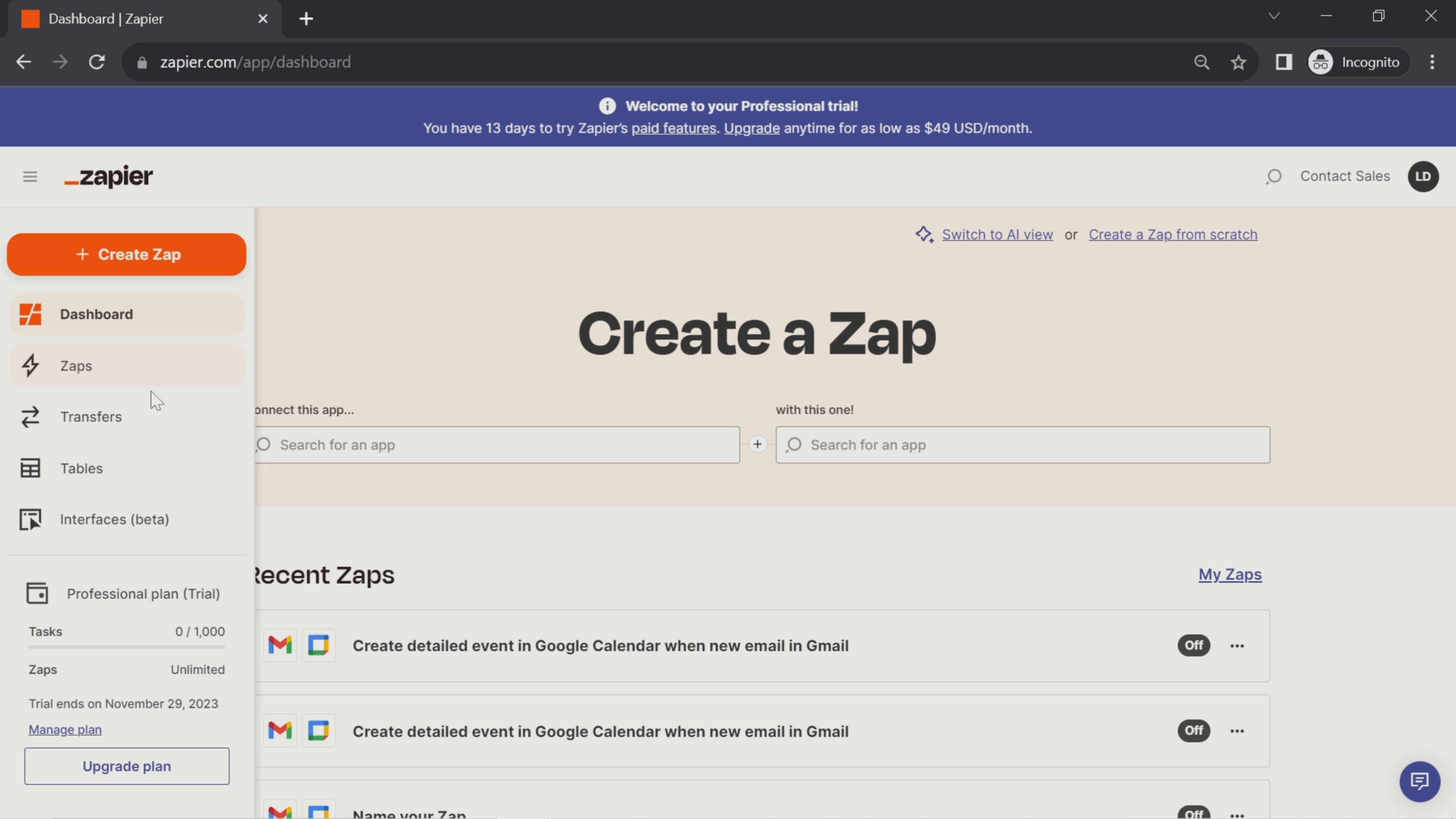 Screenshot of Integrations on Zapier