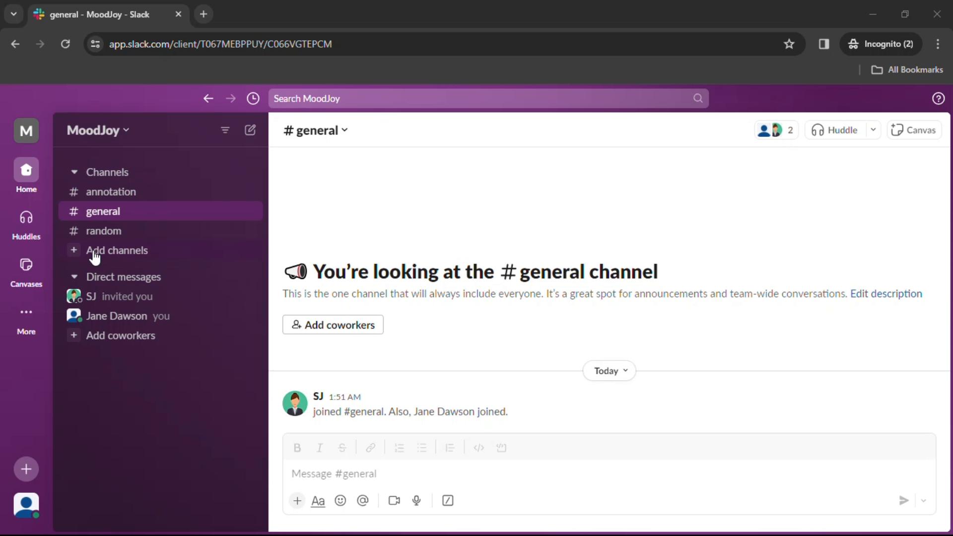Screenshot of Creating a channel on Slack