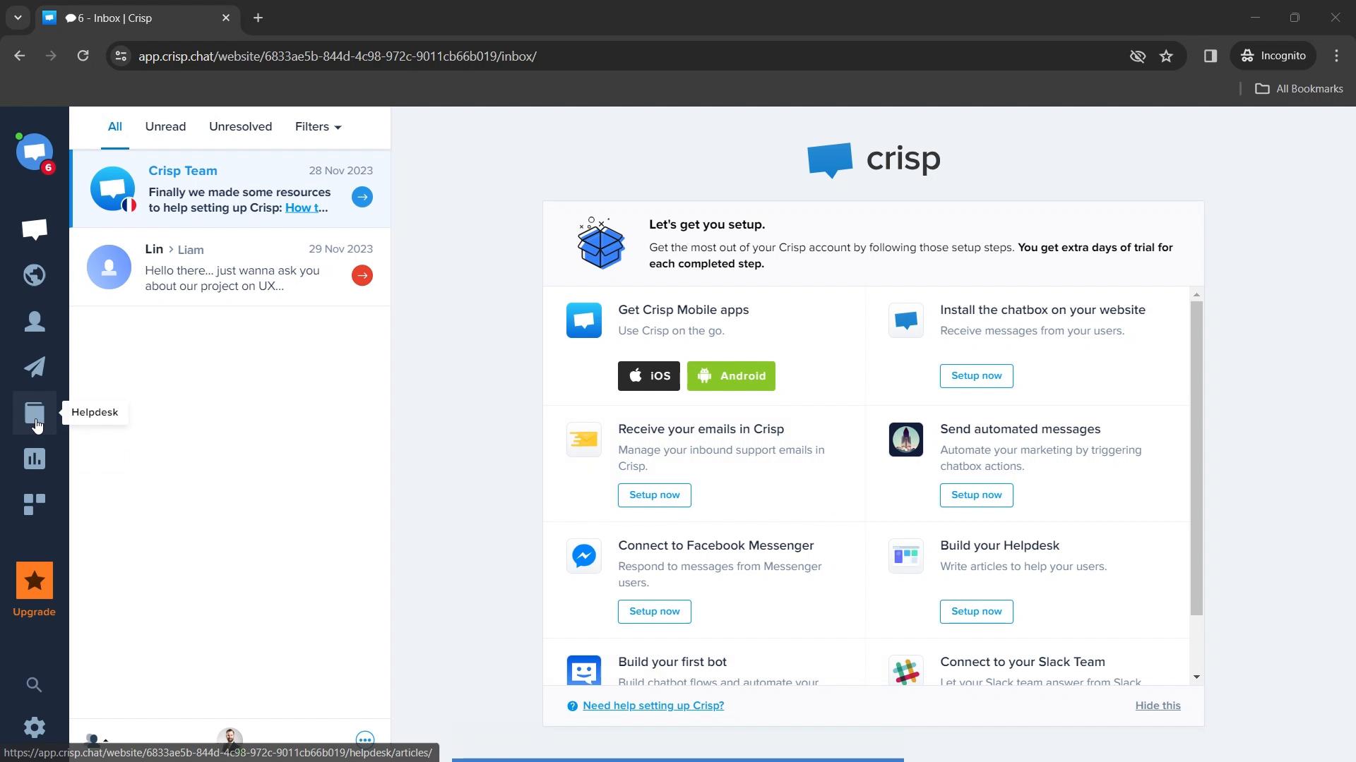 Screenshot of Creating a knowledge base on Crisp