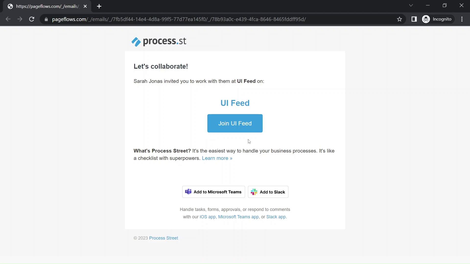 Screenshot of Accepting an invite on Process Street