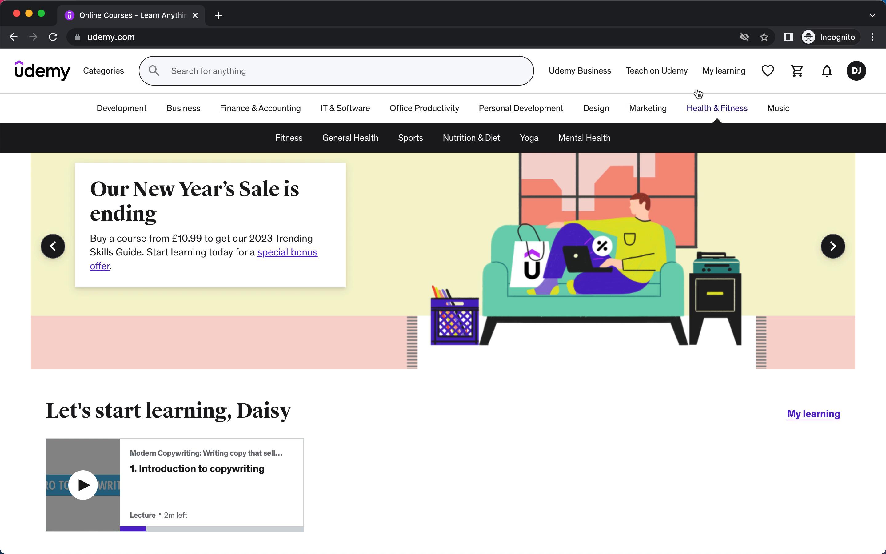 Screenshot of Learning on Udemy