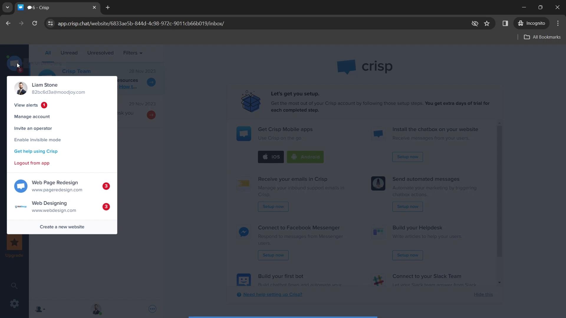 Screenshot of Logging out on Crisp