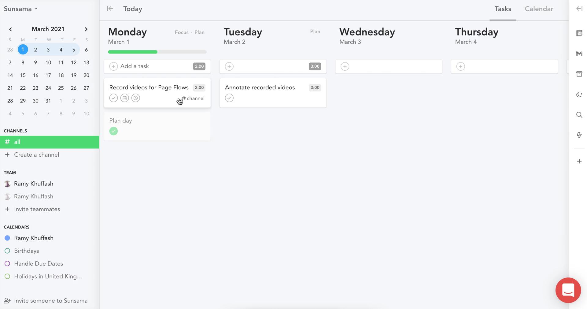 Screenshot of Tasks on Sunsama