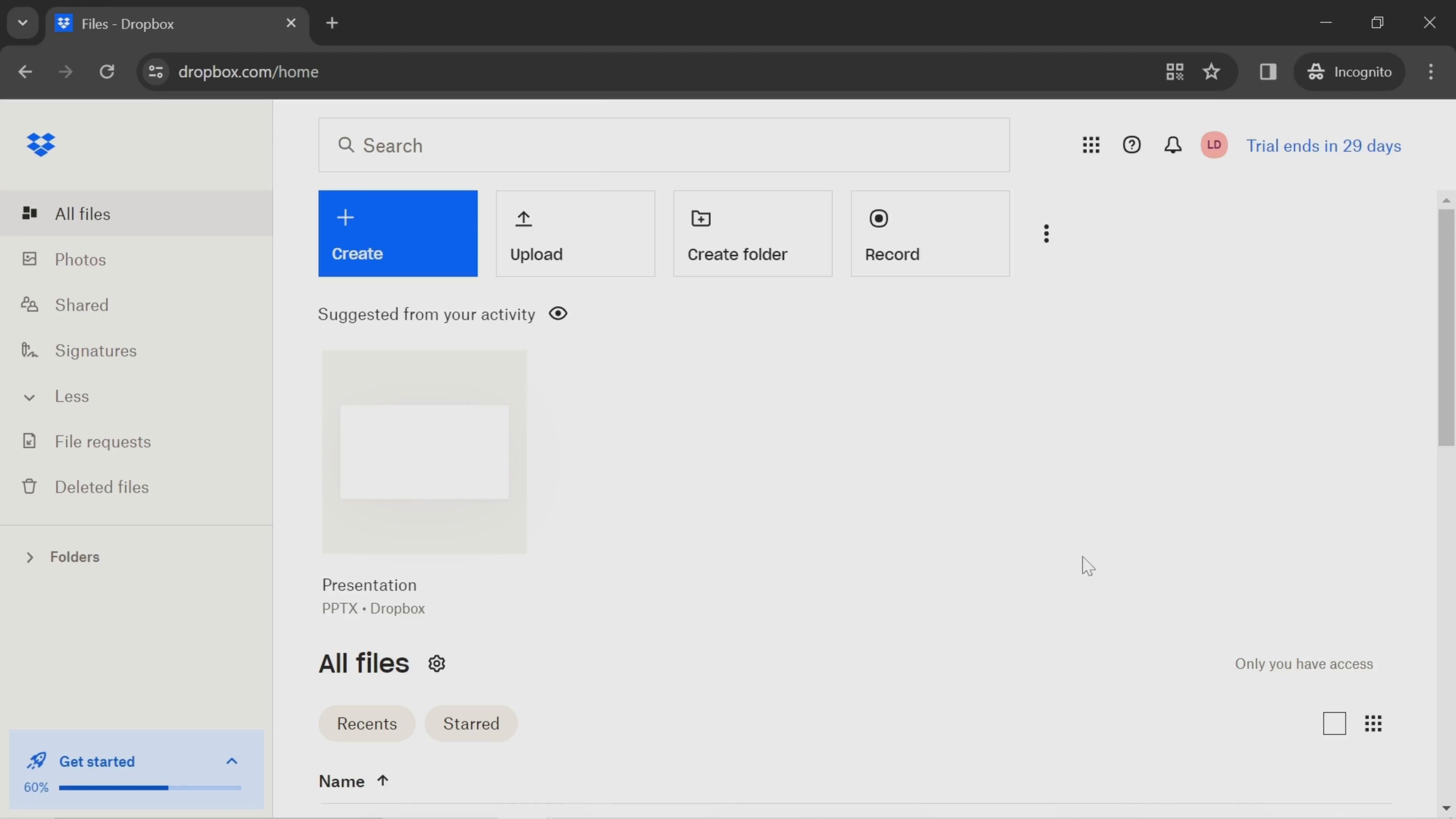 Screenshot of Creating a document on Dropbox