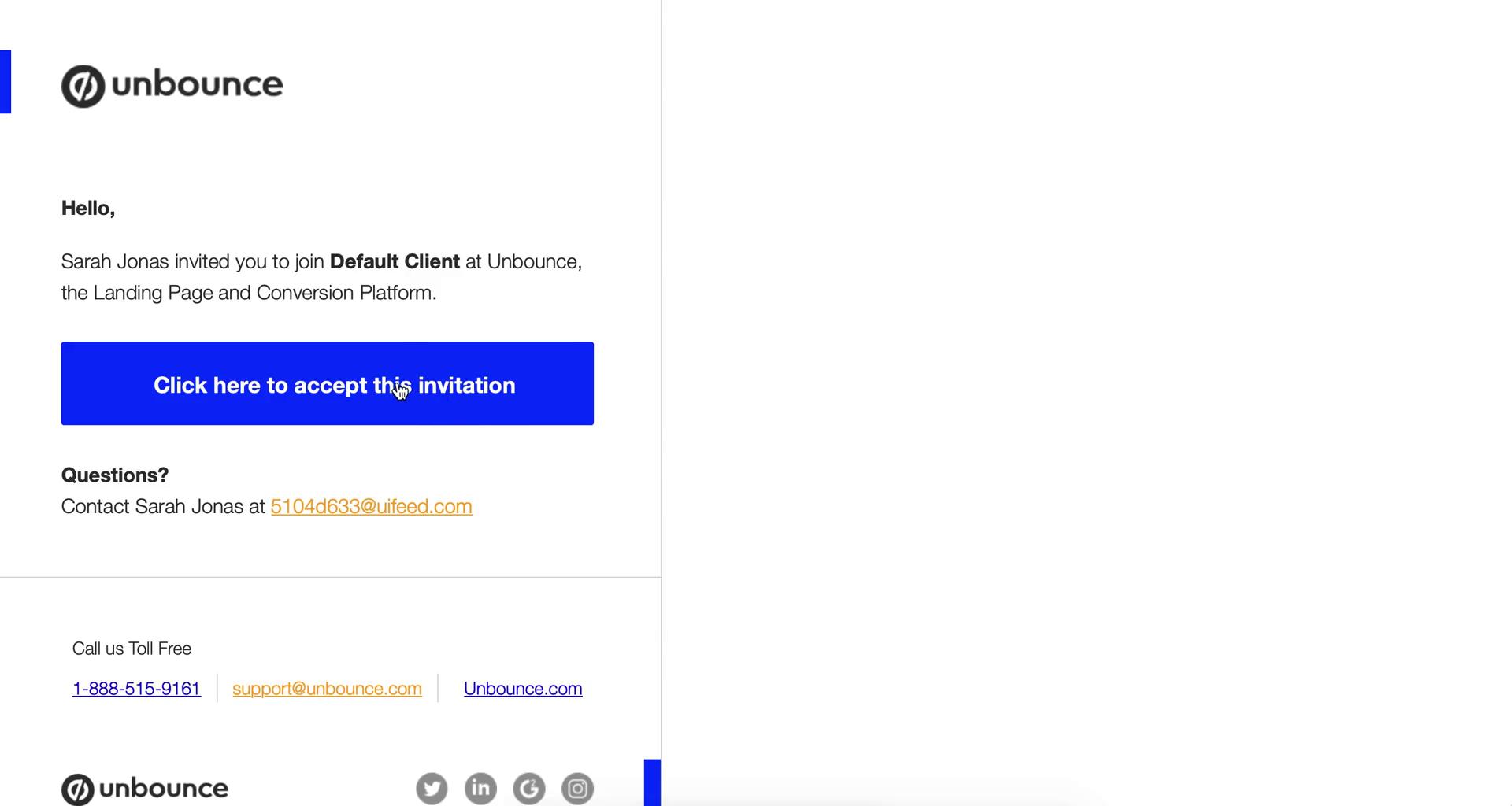 Screenshot of Accepting an invite on Unbounce