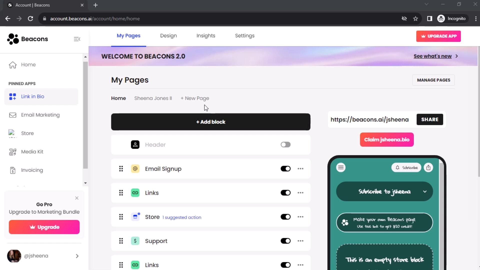 Screenshot of Creating a page on Beacons
