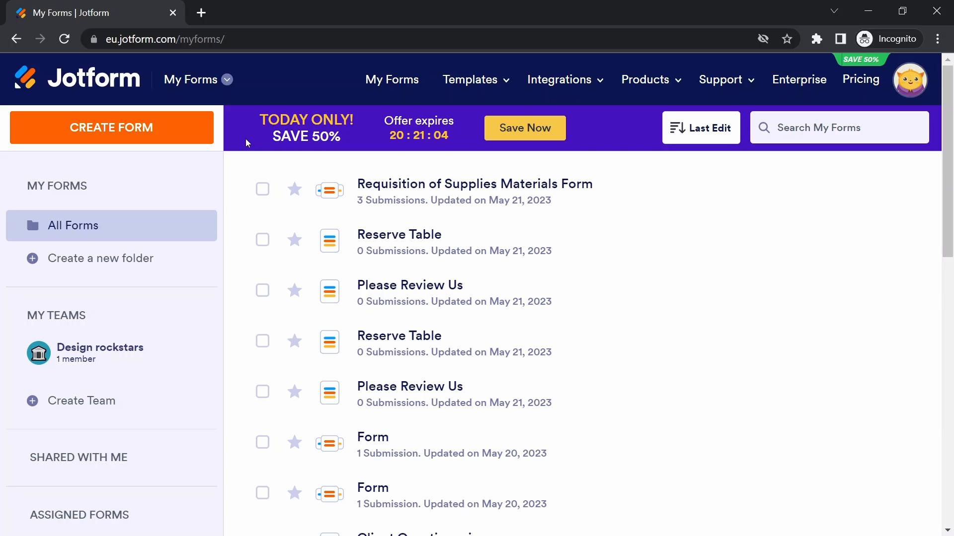 Screenshot of General browsing on Jotform