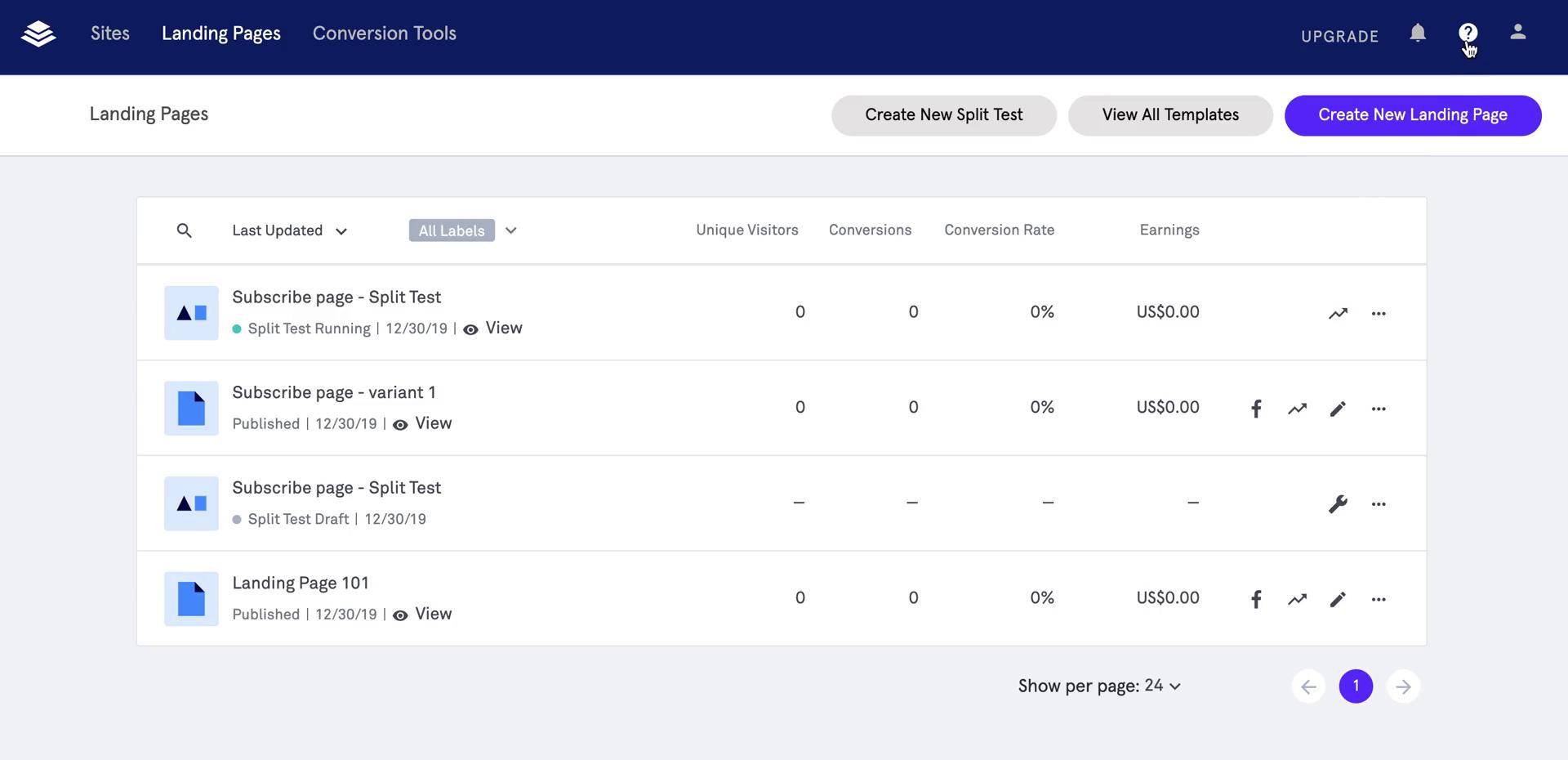 Screenshot of Support on Leadpages
