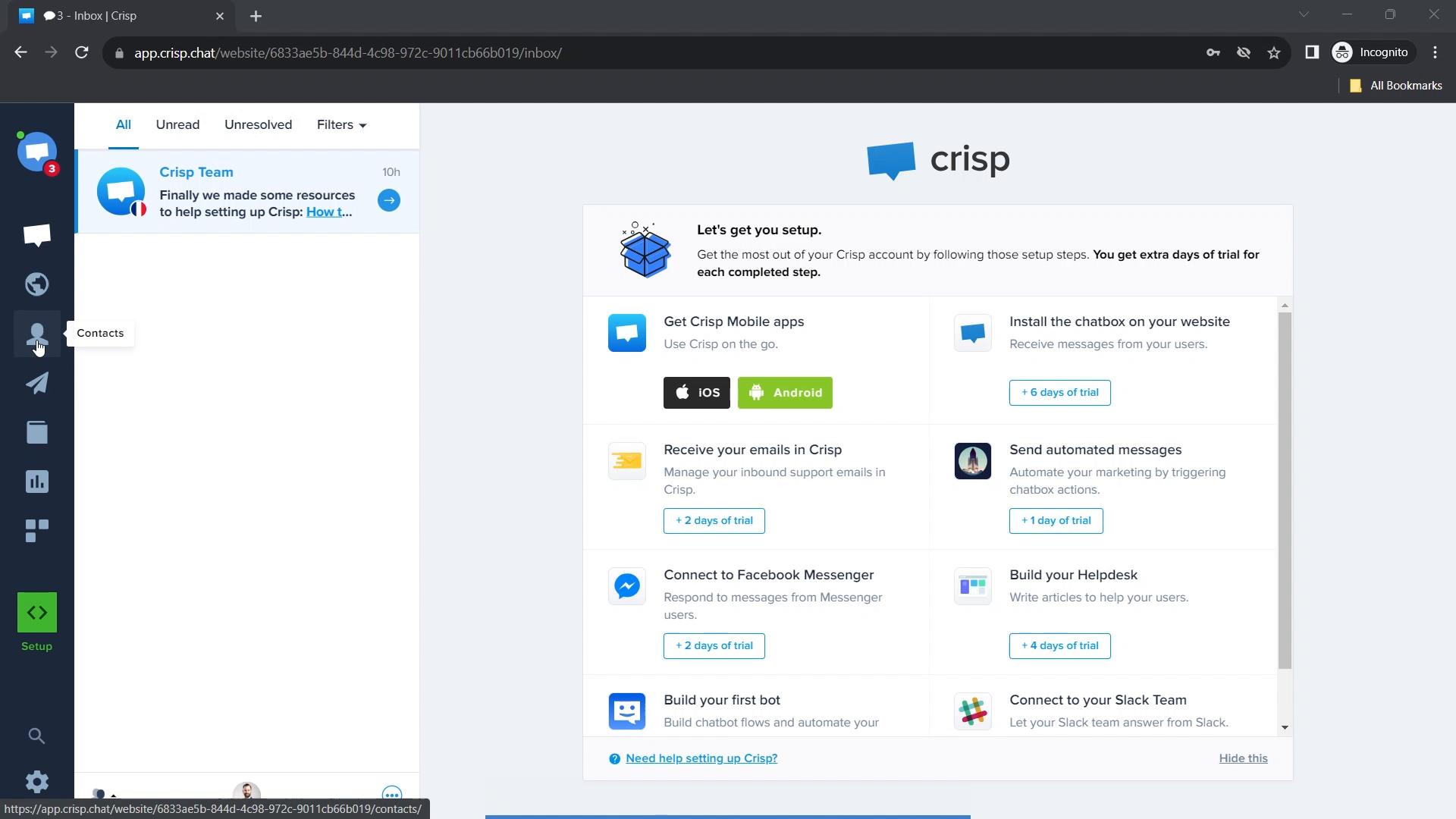 Screenshot of Adding a contact on Crisp