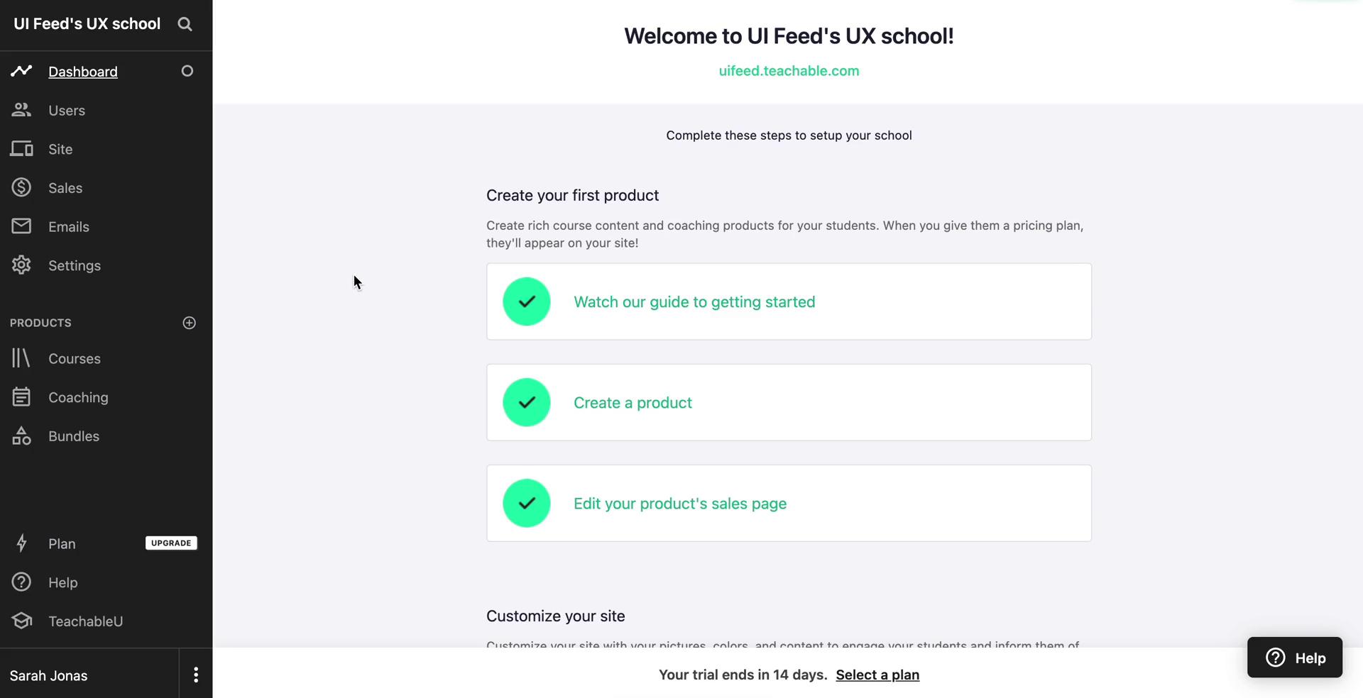 Screenshot of Creating a website on Teachable