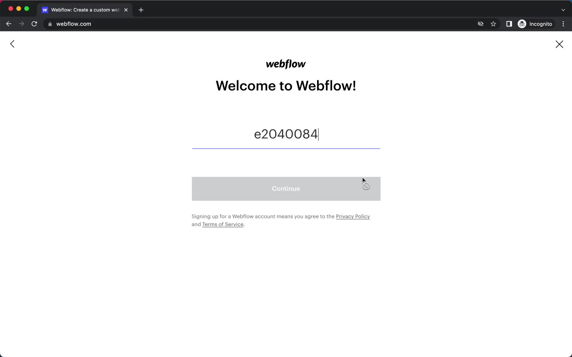 Webflow sign up with email screenshot