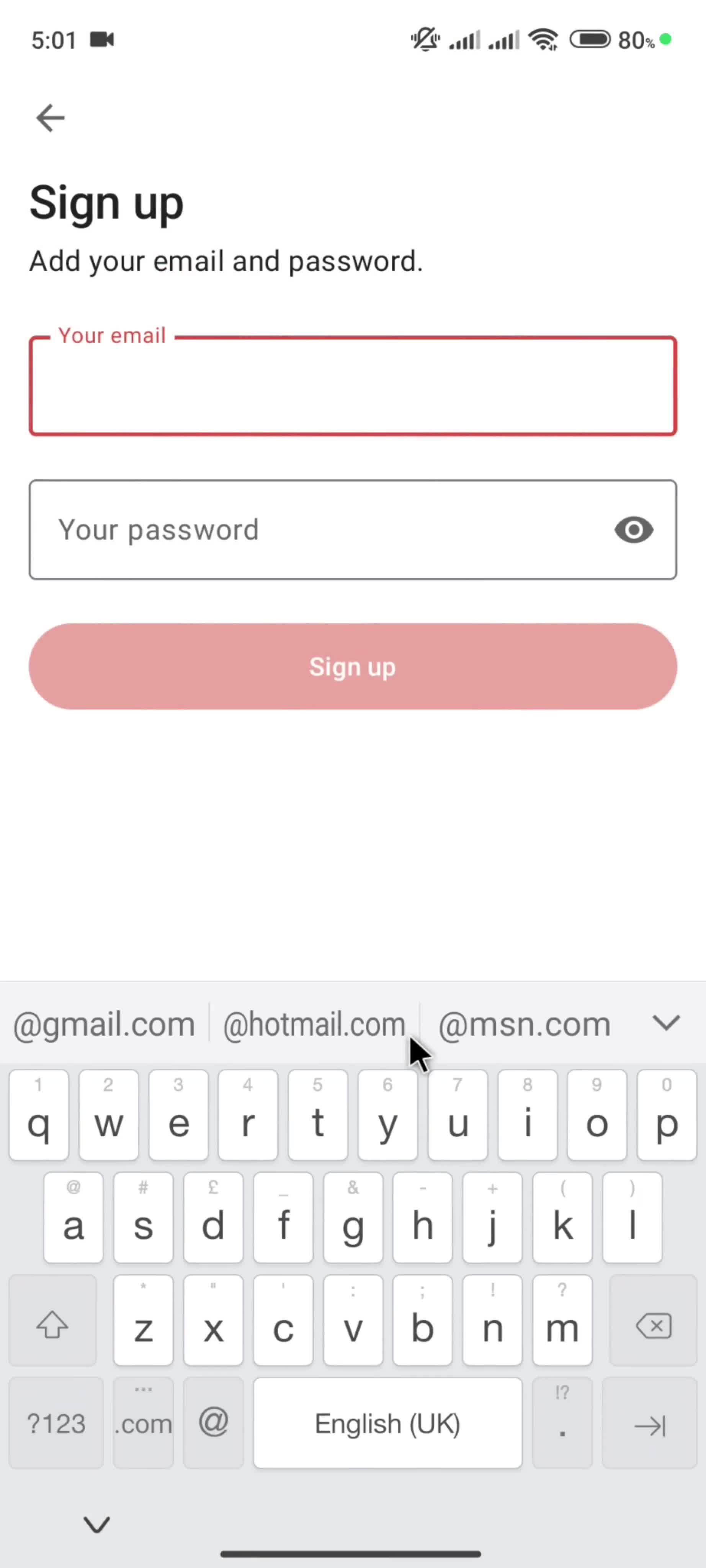 signup screen.